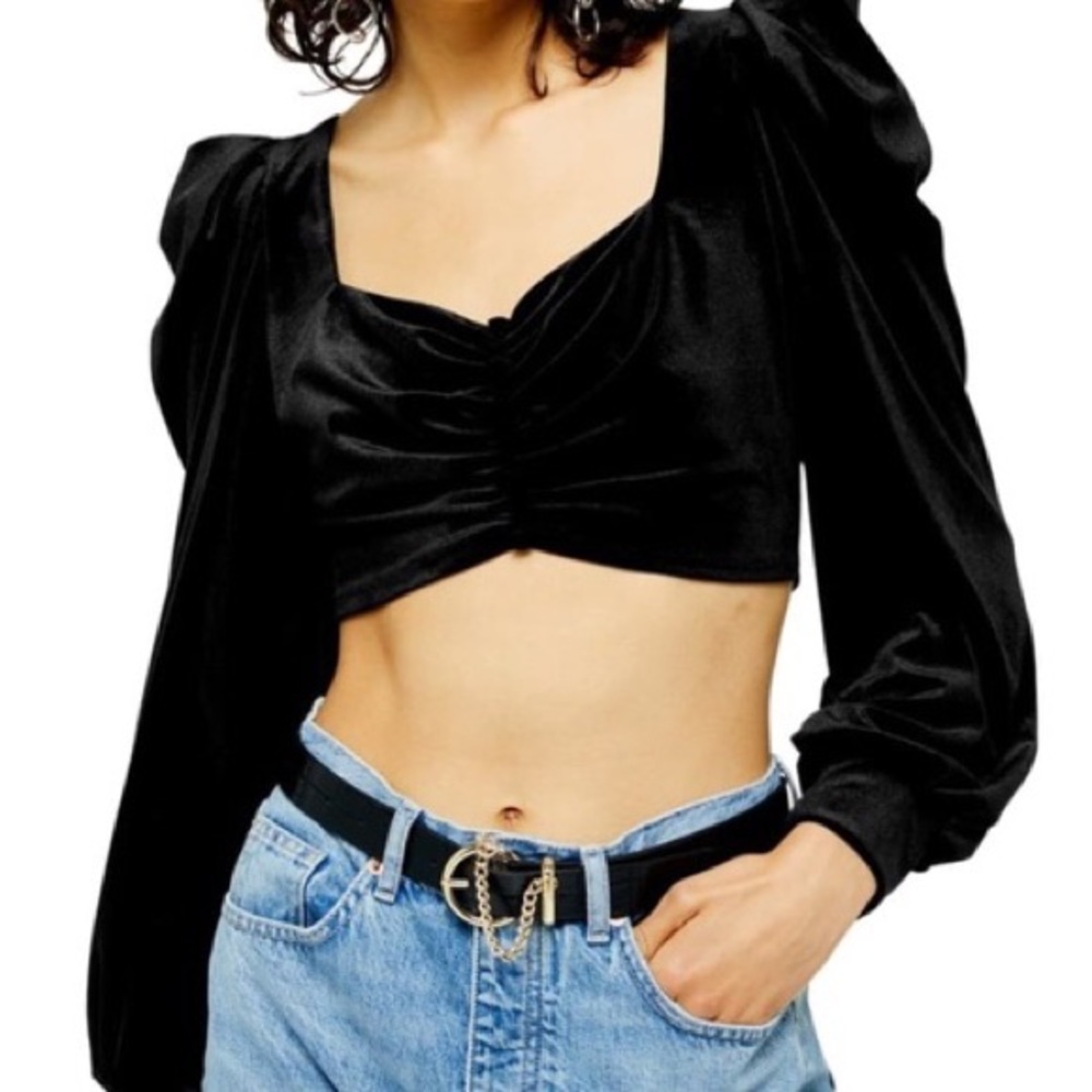 Topshop Black Velvet Crop Top w/ Puff Sleeve - NEW